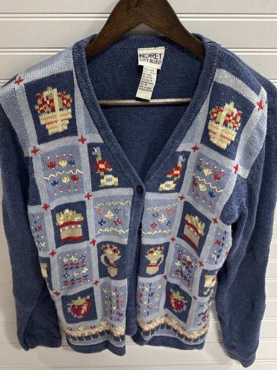 Koret City Blues Sweaters - VTG Koret City Blues Blue Floral Plant Beaded Long Sleeve Cardigan Sweater Sz M
